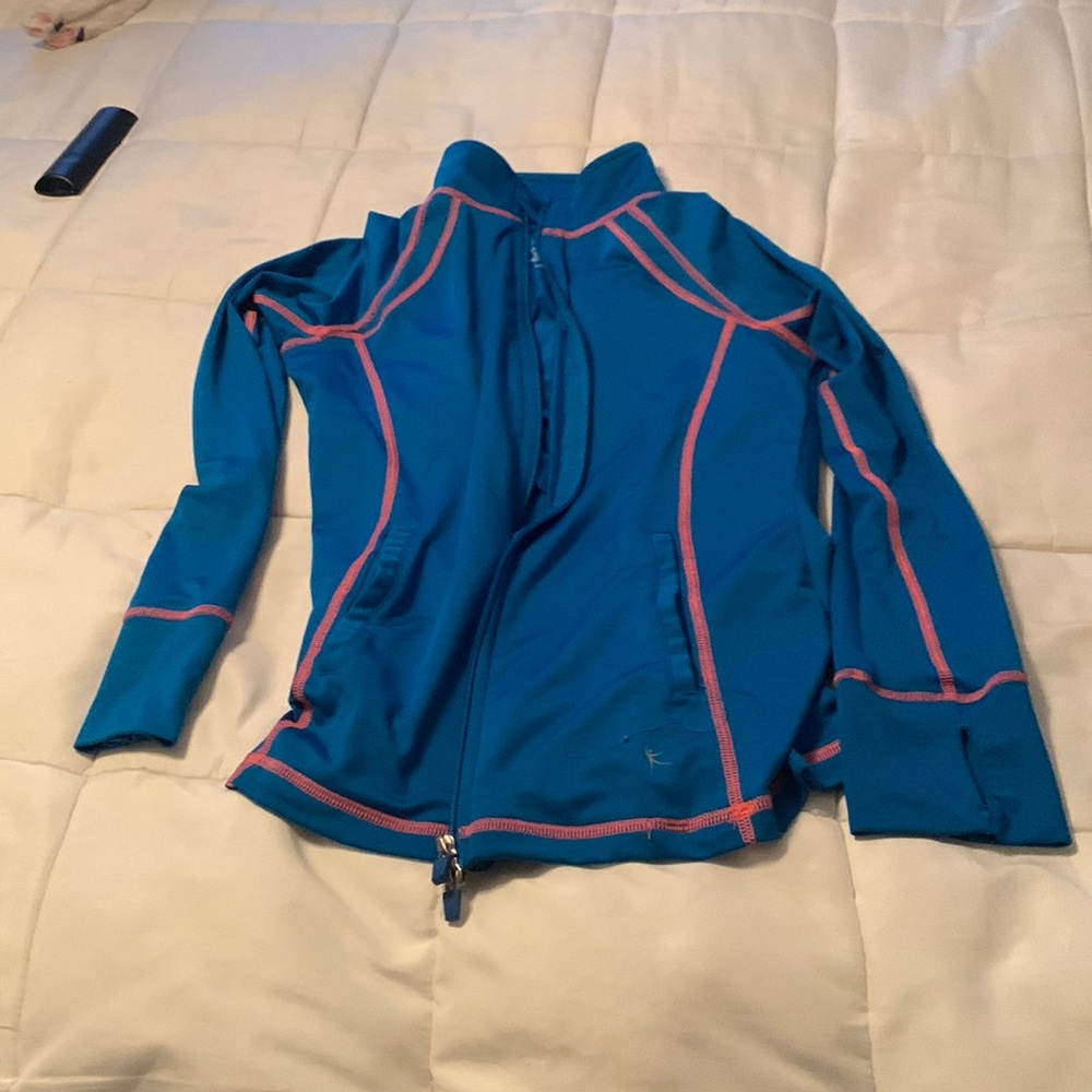 blue athletic jacket blue w pink seems